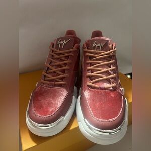 Pink Giuseppe Zanotti talon velvet & Leather Sneakers with Signature Logo Sz 12